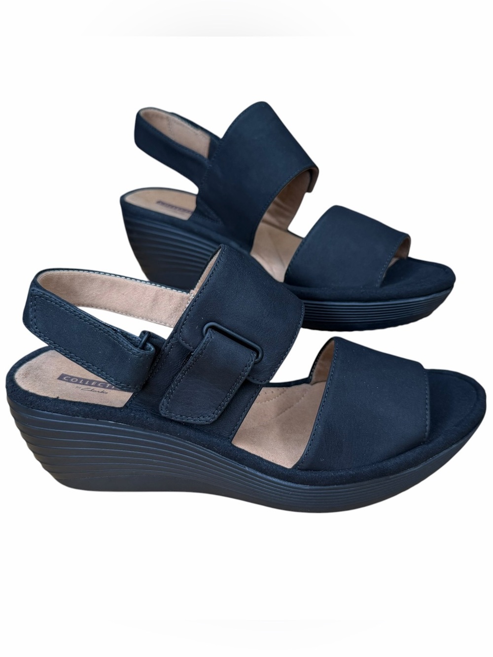 Clarks Collection Black Wedge Comfort Sandals Women’s 7.5 Adjustable Strap